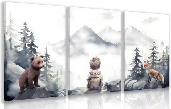 kilamino Neutral Woodland Wild Animal Wall Art, Cute Bear Fox Nursery Wall Decor,