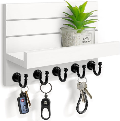 Key Holder for Wall, Easy Installation Mail Organizer with 5 Sturdy Hooks for Kitchen and Entryway Decor - White