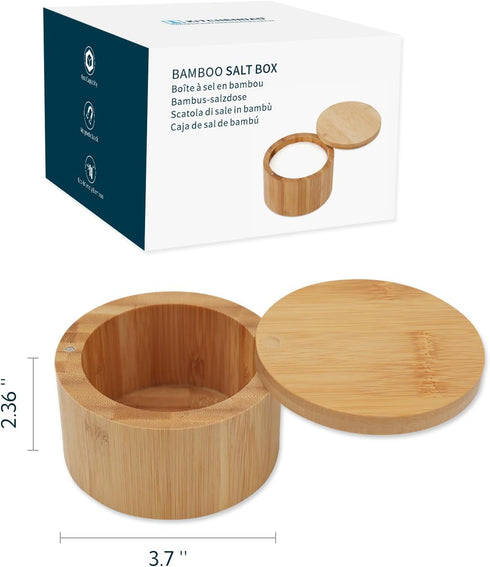 KITCHENDAO Bamboo Salt Cellar Bowl, Elegant Kitchen Container with Swivel Magnetic Lid for Seasonings, 6oz
