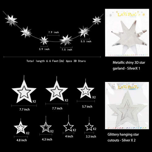 Glitter Silver Star Garlands Kit, Metallic 3D Star Hanging Paper Garland, Birthday Party Supplies