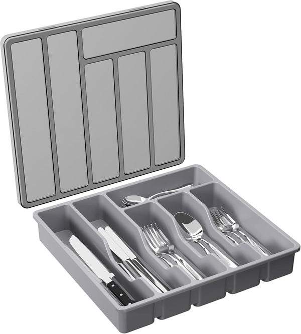 Lifewit Silverware Organizer with Lid, Covered Utensil Tray for Kitchen Drawer, 6 Compartments, Gray Plastic Cutlery