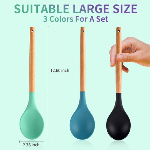 3 Pcs Large Silicone Spoon Wooden Handle Wood Handle Mixing Spoons Silicone Mixing Spoon for Cooking Baking Stirring Silicone Spoons Nonstick Heat-Resistant Kitchen Mixing Tools (Green,Blue, Black)