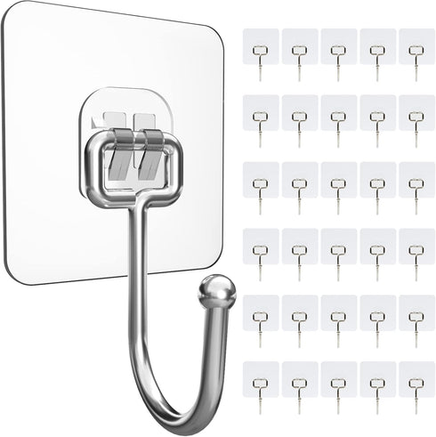 30 Packs Large Heavy Duty Adhesive Wall Hooks, 44lb Max Hold, Transparent Waterproof Rustproof Sticky Hooks for Home