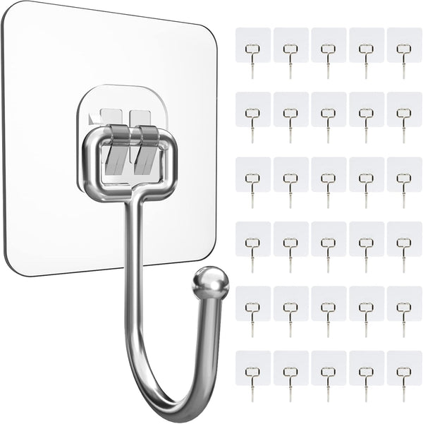 30 Packs Large Heavy Duty Adhesive Wall Hooks, 44lb Max Hold, Transparent Waterproof Rustproof Sticky Hooks for Home