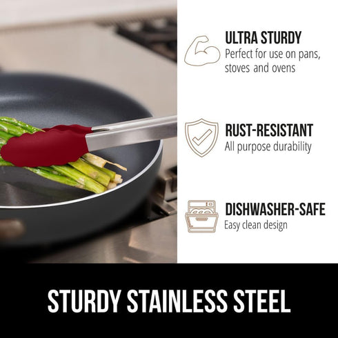GORILLA GRIP Stainless Steel Kitchen Tongs - Heat Resistant Cooking Tongs Set of 2, 9 + 12 Inch, Non Scratch Silicone