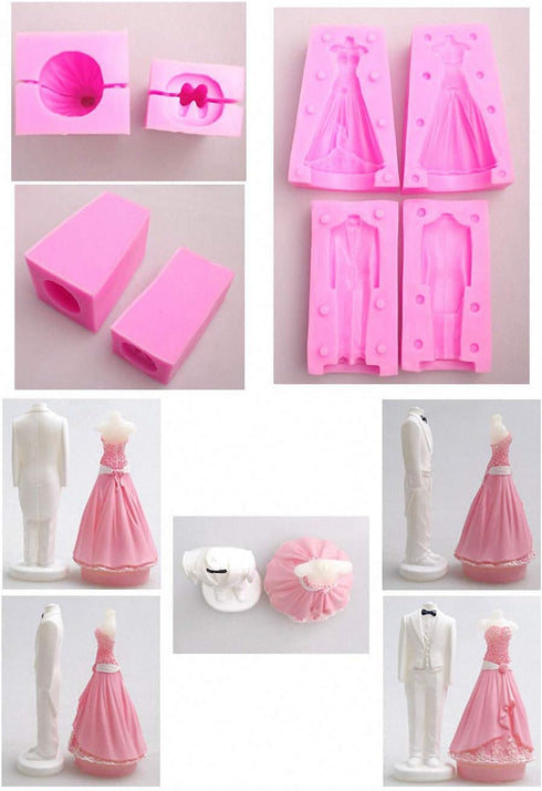 3D Bride and Groom Tuxedo Wedding Dress Set, Silicone Candle Soap Mold for Wedding Cake Decorating (Set of 2)