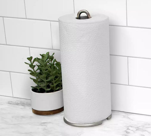 FitWell Paper Towel Holder for Kitchen Countertops, Steel Stand for Standard & Jumbo Rolls, Satin Nickel