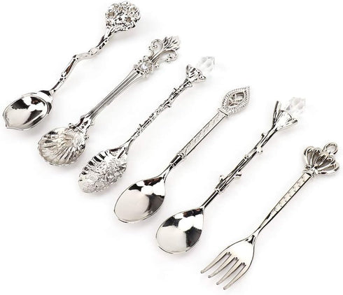 Fdit 6Pcs Vintage Carved Coffee Spoon Set, Retro Zinc Alloy Dessert Cutlery for Kitchen (Silver)