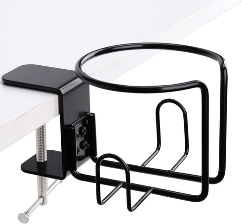 Large Desk Cup Holder, Clip On Table Anti-Spill Holder for Lawn Chair, Horizontal or Vertical Mount, Pack of 1, Black