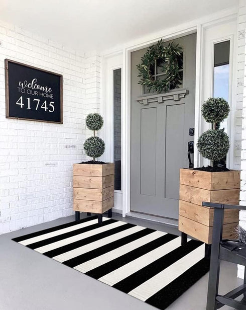 LEEVAN Black and White Striped Door Mat, 2'x4', Washable Reversible Cotton Woven Rug for Indoor/Outdoor