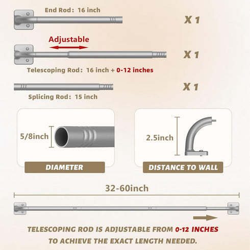 Curtain Rods for Windows 32 to 60 Inch, 5/8" Diameter Silver Ceiling Mount Warp Around Long Curtain Rod for Bedroom