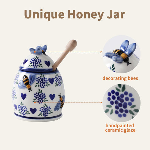 Style,10oz ZOOBEE Ceramic Honey Pots with Dipper and Lid Farmhouse Honey Jar with Dipper,Handpainted Honey Jars
