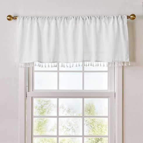 Boho Tassel White Valances for Windows, Semi Sheer Kitchen Valance, Bedroom Bathroom Small Window Cafe Curtains, 54x15
