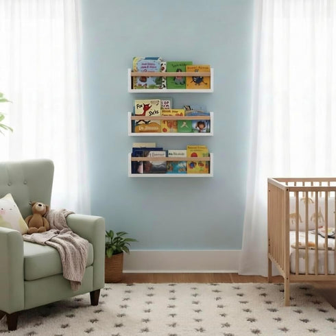 16 Inch Set 3, AZSKY Nursery Floating Shelves of White Wood Kids Wall Bookshelves & Book Organizer Ledge for Baby Room