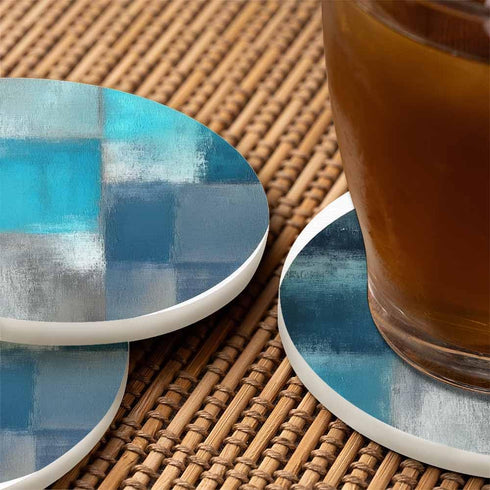 Pznen 2 Pcs,4 Inch Turquoise and Grey Abstract Art Brush Coasters for Drinks Modern Artwork Doodle Classic Grain