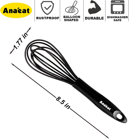 Anaeat 8.5" Silicone Balloon Whisk - Heat Resistant Kitchen Whisks for Whisking, Cooking, Baking (Black)