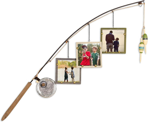 Young's Inc Wood Fishing Pole Triple Photo Frame Rustic Lake House Wall