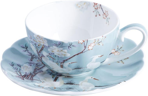 8oz Blue Fine Bone China Coffee Cup with Saucer, Colored Flowers, White Crane Porcelain Tea Cup