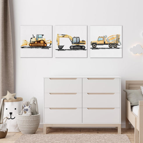 brayqu Set 3 12x12 Inch of Construction Nursery Canvas Wall Art Framed Paintings Prints Watercolor Digger Dump Truck