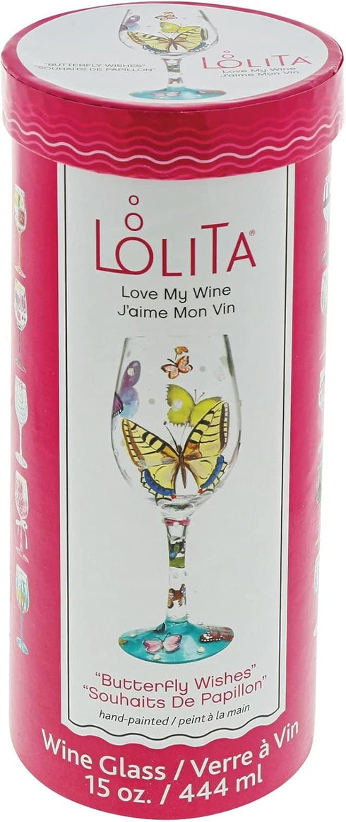 Hand-painted Artisan Wine Glass “Butterflies” by Designs by Lolita, 15 oz.