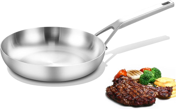 Tri-Ply Fully Bonded Stainless Steel 8inch Frying Pan, Chef's Skillet, Induction & Dishwasher Safe, Removable Handle