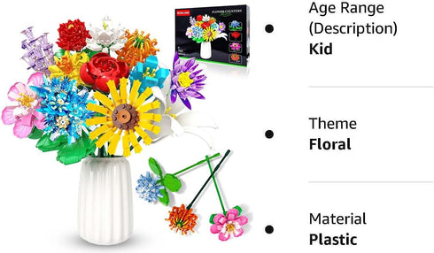 Flowers Bouquet Building Set, 980 PCS - 12 Kinds of Flowers, Botanical Collection for Mother's Day, Birthdays, Gifts