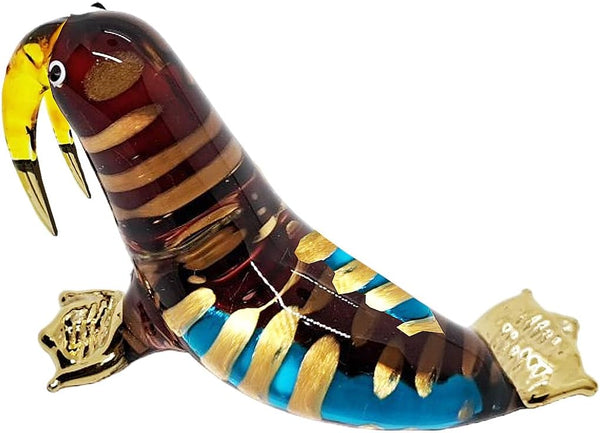 Tiny 2" Brown Blue Gold Lift Head Walrus Seal Sea Lion, Miniature Hand Blown Glass Animal
