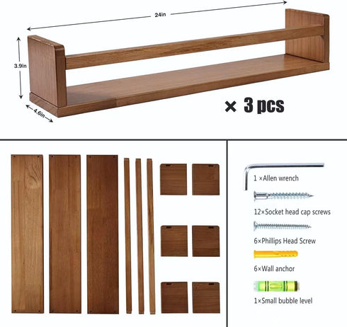 24 Inch Set 3 AZSKY Nursery Shelves Light Walnut Floating Book Shelf Organizer for Baby Nursery Dcor Wall Book Shelves