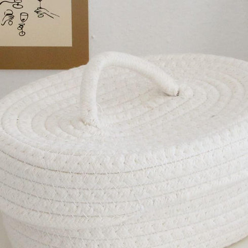 Handmade Cotton Rope Storage Basket with Lid, White Rope Bin for Makeup, Sundries, Snack, Needles - Desktop Storage Box