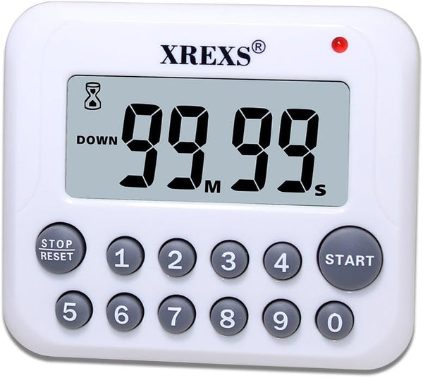 XREXS Digital Kitchen Timer with Magnet Back and Clip, Loud Alarm, Large Display, White (2 Batteries Included)