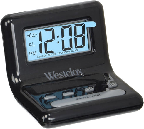 Westclox LCD Digital Bedside Alarm Clock, Black, 3-Inch, Battery Operated with Blue Backlit Display and Snooze Function