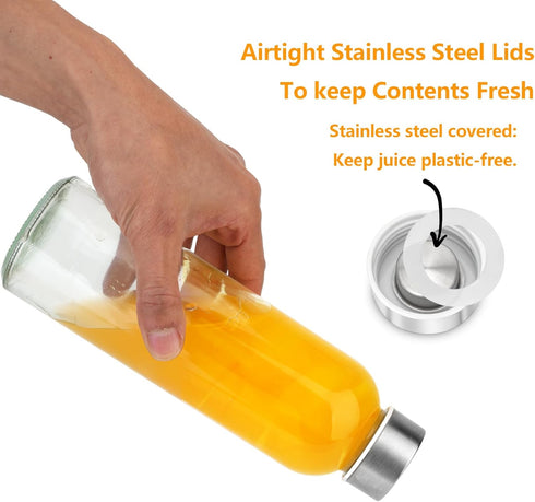 Zukro Glass Juice Bottles with Lids Set of 3, 24 oz Reusable Clear Bottles with Stainless Steel Cap