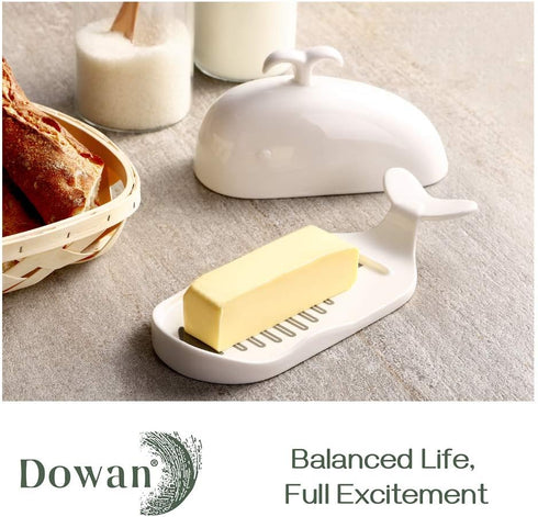 DOWAN Porcelain Butter Dish With Cutting Measuring Line, Large Whale Butter Dish with Cover of Non-slip Design, Ceramic