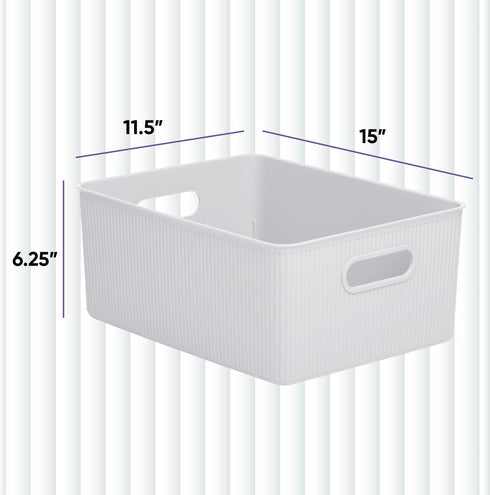 Superio Ribbed Collection - Decorative Plastic Open Home Storage Bins Organizer Baskets, Large White Smoke (2 Pack) for