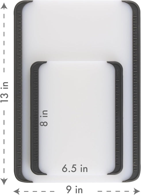 Dexas Non-Slip Cutting Boards with Non-Slip Measuring Guides, 2-Pack. Set includes Boards that measure 13"x 9" and 8"x 6.5"