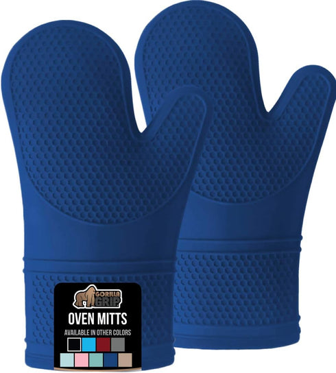 Gorilla Grip Heat and Slip Resistant Silicone Oven Mitts Set, Long Flexible Gloves for Cooking, Blue