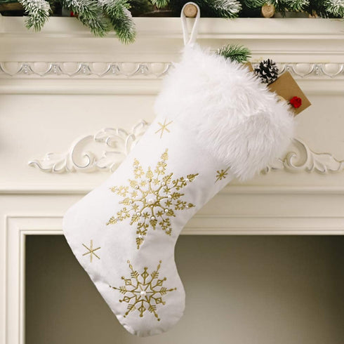 Comfy Hour Let It Snow Collection 18"x11" Christmas Winter Snowflake Stocking, Soft Plush Velvet, White and Gold