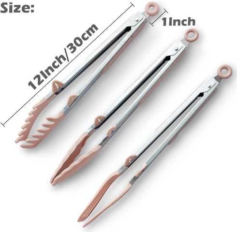 12" Kitchen Tongs for Cooking, Food Grade Serving Tongs Set of 3 with Silicone Tips, Pink
