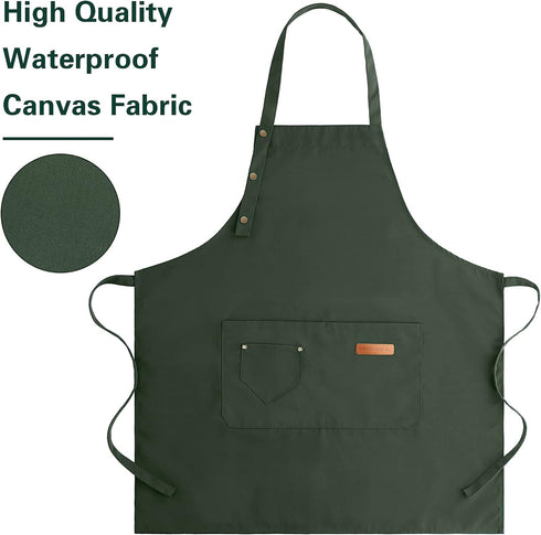 Waterproof Green Canvas Cotton Cooking Kitchen Chef Bib Aprons, Adjustable Straps, Large Pockets for Men Women
