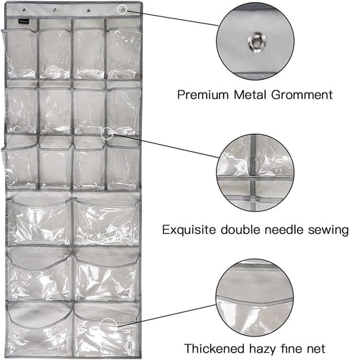 1 Pack Extra Large Hanging Crystal Clear Over Door Shoe Organizer, Closet Shoe Rack with 12+6 Pockets, Grey