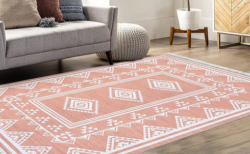 Pink Bohemian Area Rug 4x6, Machine Washable Non-Slip Stain Resistant Throw Carpet for Living Room Bedroom Decor