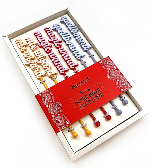 MixCraft Elixir Mixer Cocktail Stirrers - Set of 6 Stainless Steel Drink Stirring Swizzle Sticks with Colorful Words