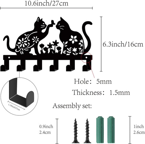 CREATCABIN Cat Metal Key Holder: Wall Mounted Iron Key Hanger with 6 Hooks, Black Rack Organizer for Entryway Decor