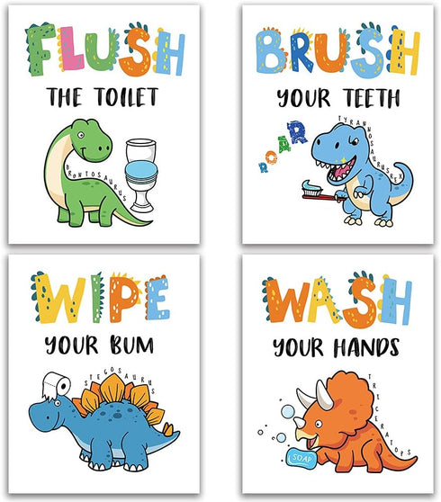 Dinosaur Bathroom Decor - Funny Themed Inspirational Quotes Art Print, Set of 4 (8”X10”), Unframed