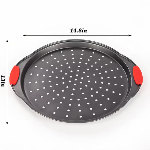 Pizza Pan for Oven, Round Pizza Pan with Holes - Non-Stick Carbon Steel Pizza Tray with Silicone Handles - for Cooking, Baking, and Grilling - Dishwasher Safe by ZOEHROWS