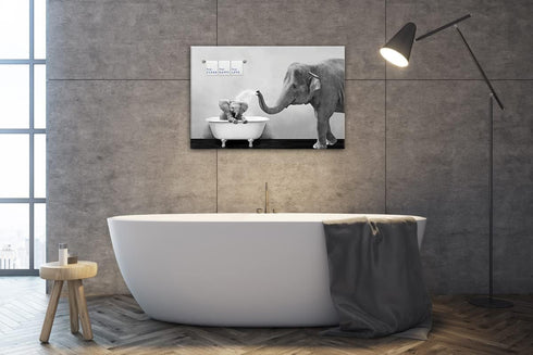 Piy Painting Elephant Bathroom Decor Wall Art, Funny Canvas Prints of Mother and Child Playing Water in Bath Crock