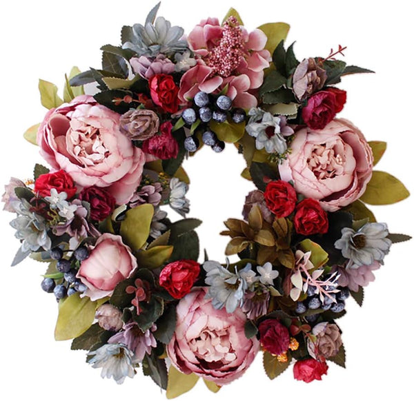 Artificial Rose Peony Flower Wreath, Newest Berry Flower Door Wreath with Green Leaves for Front Door, Wedding, Home
