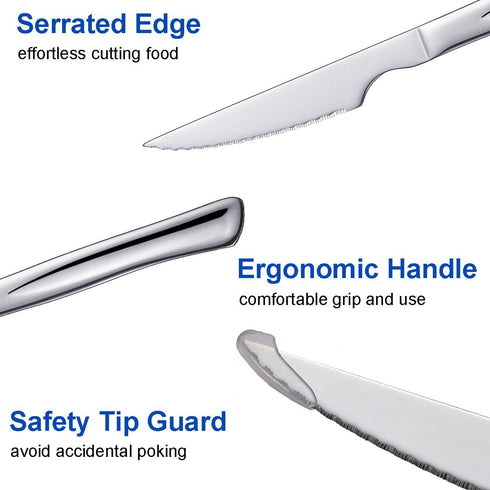 Silver Steak Knife Set, 6 Piece Stainless Steel Kitchen Utility Knives, 8.7-inch Serrated Dinner Knives