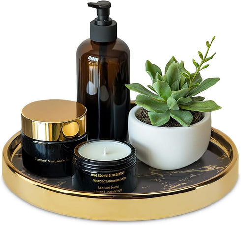 Small Round Black Decorative Tray, Marble Look Jewelry Dish, Makeup Vanity Tray for Dresser