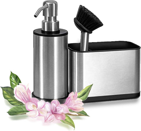 Kitchen Dish Soap Dispensers, Stainless Steel Sink Organizer with Storage and Brush for Countertop
